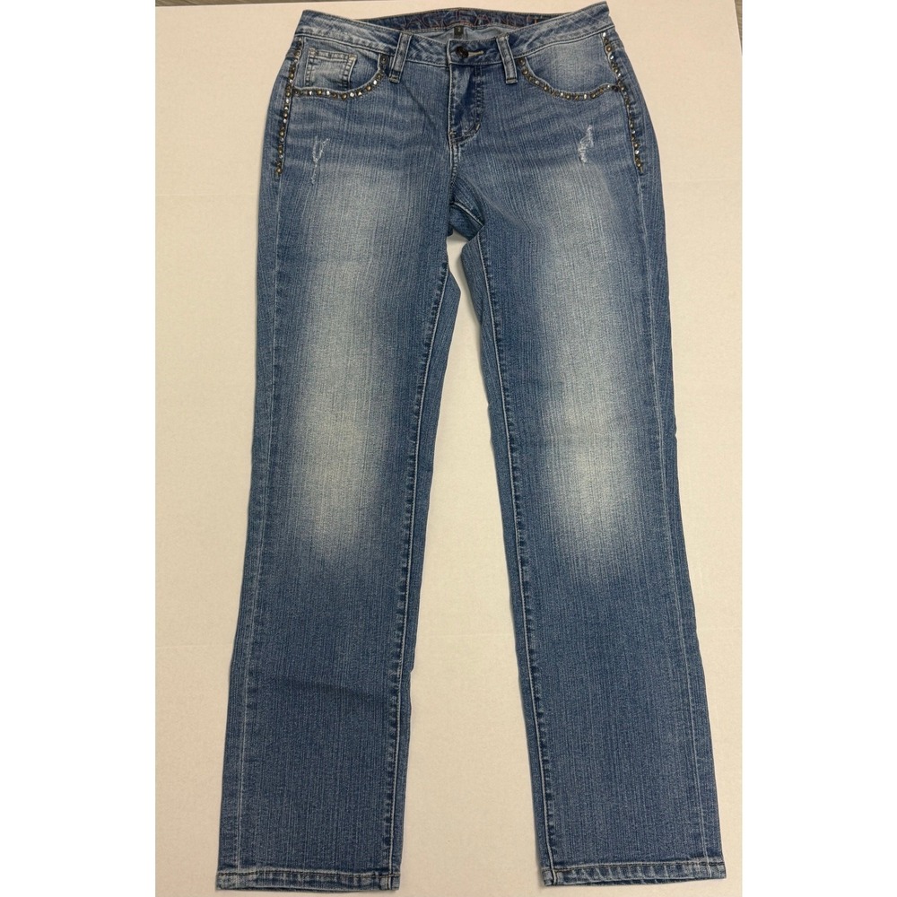 JAG Jeans Women's Blue Embellished Distressed Denim Straight Leg Pants Size 8